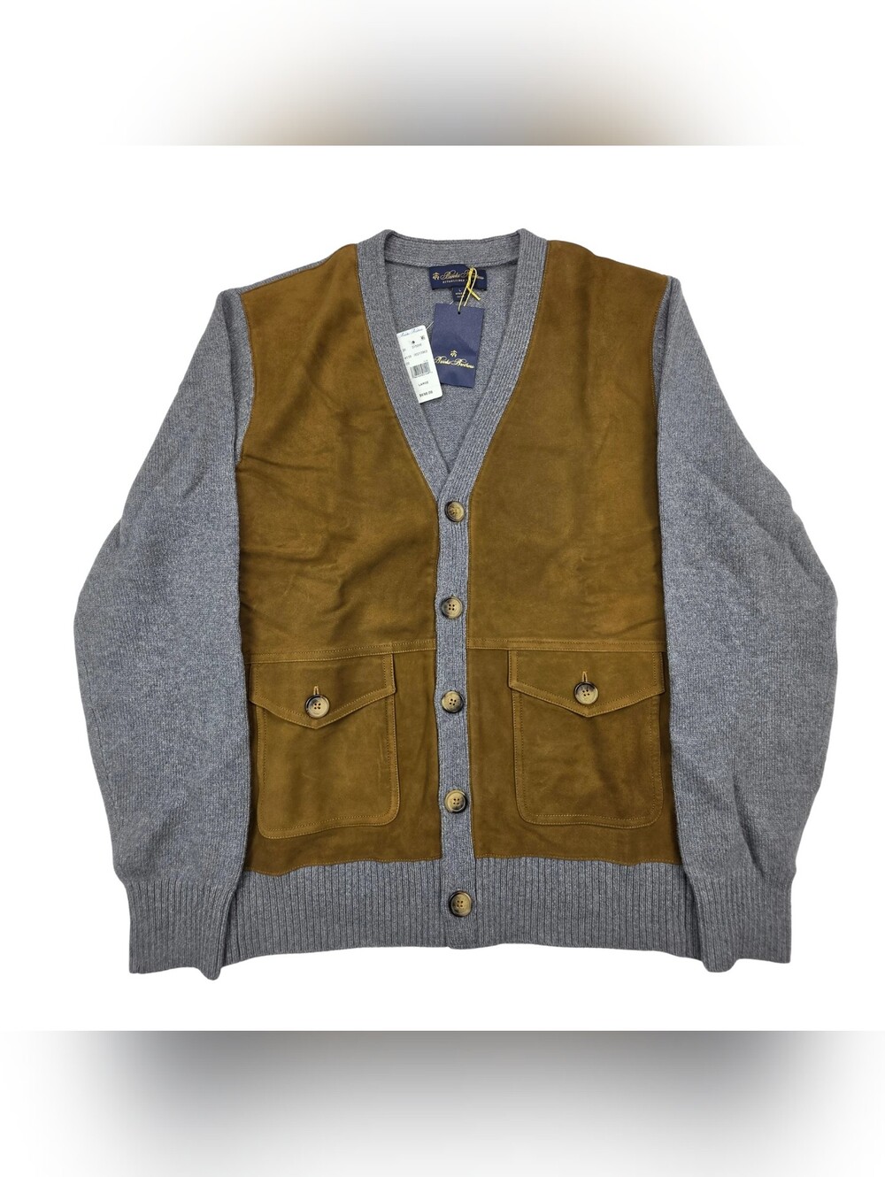 Brooks Brothers Cardigan Sweater Mens Large Gray Brown Cashmere Suede Wool